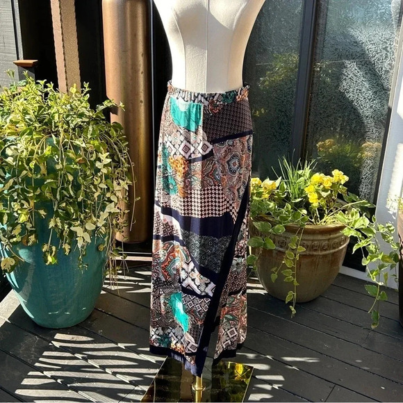Boho Chic Patchwork Colorful Satin Feel Mixed Print Long Maxi Skirt / Women’s M - Picture 2 of 7